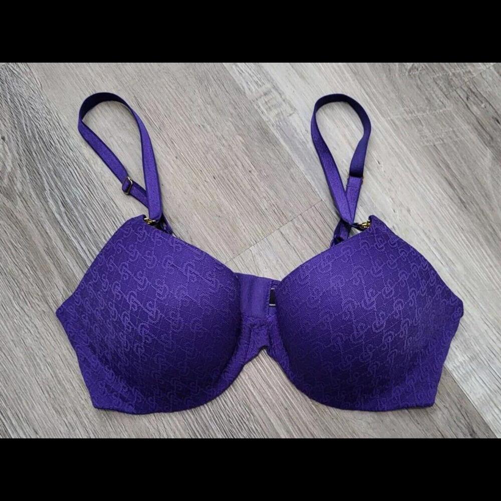 Victoria Secret Bra 34D Purple Lined Demi VS Lace Logo